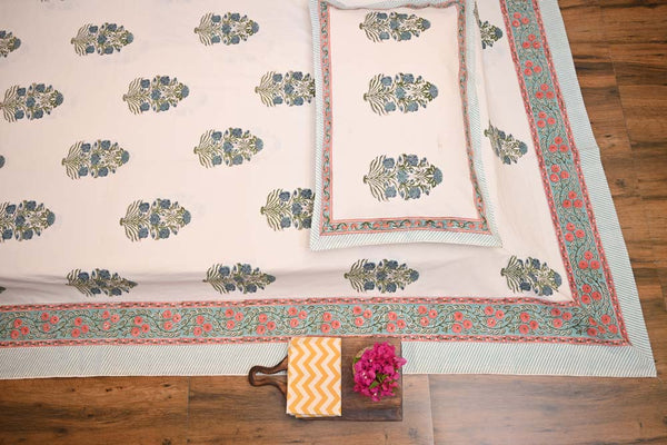 Mughal Flower Print Block Print Double Bed Cotton Bedsheet